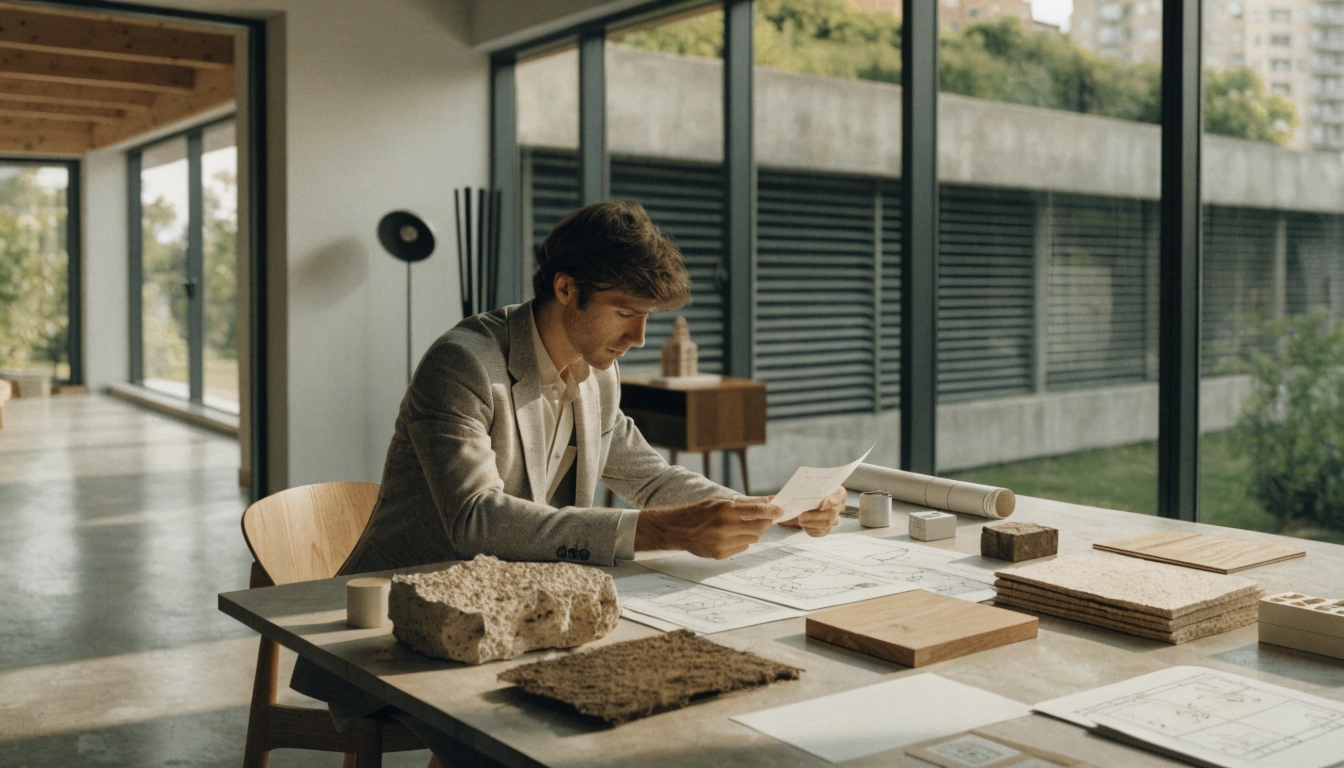 Photorealistic portrait of a strategic investor in bio-based building systems and sustainable construction for hospitality infrastructure, working with eco lodge and modular construction projects, focused on certification, material testing, and scalable climate tech investment decisions in Europe and emerging markets.